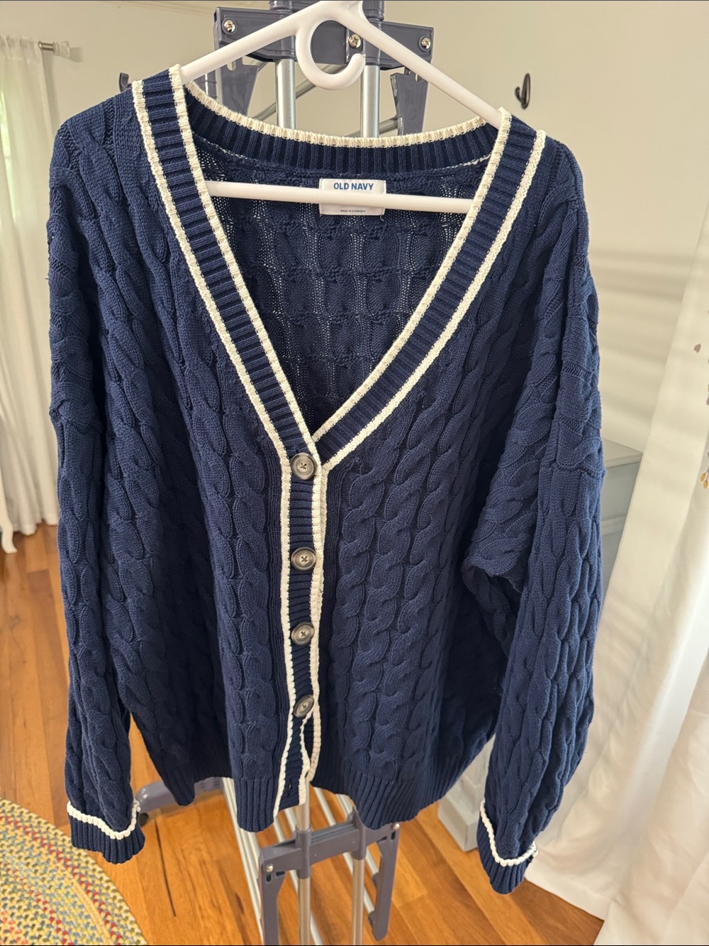 Old Navy Navy Cable-Knit V-Neck Cardigan with White Trim